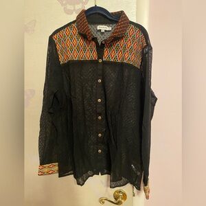 Sheer net w/black polka dots black blouse with southwest pattern 1X